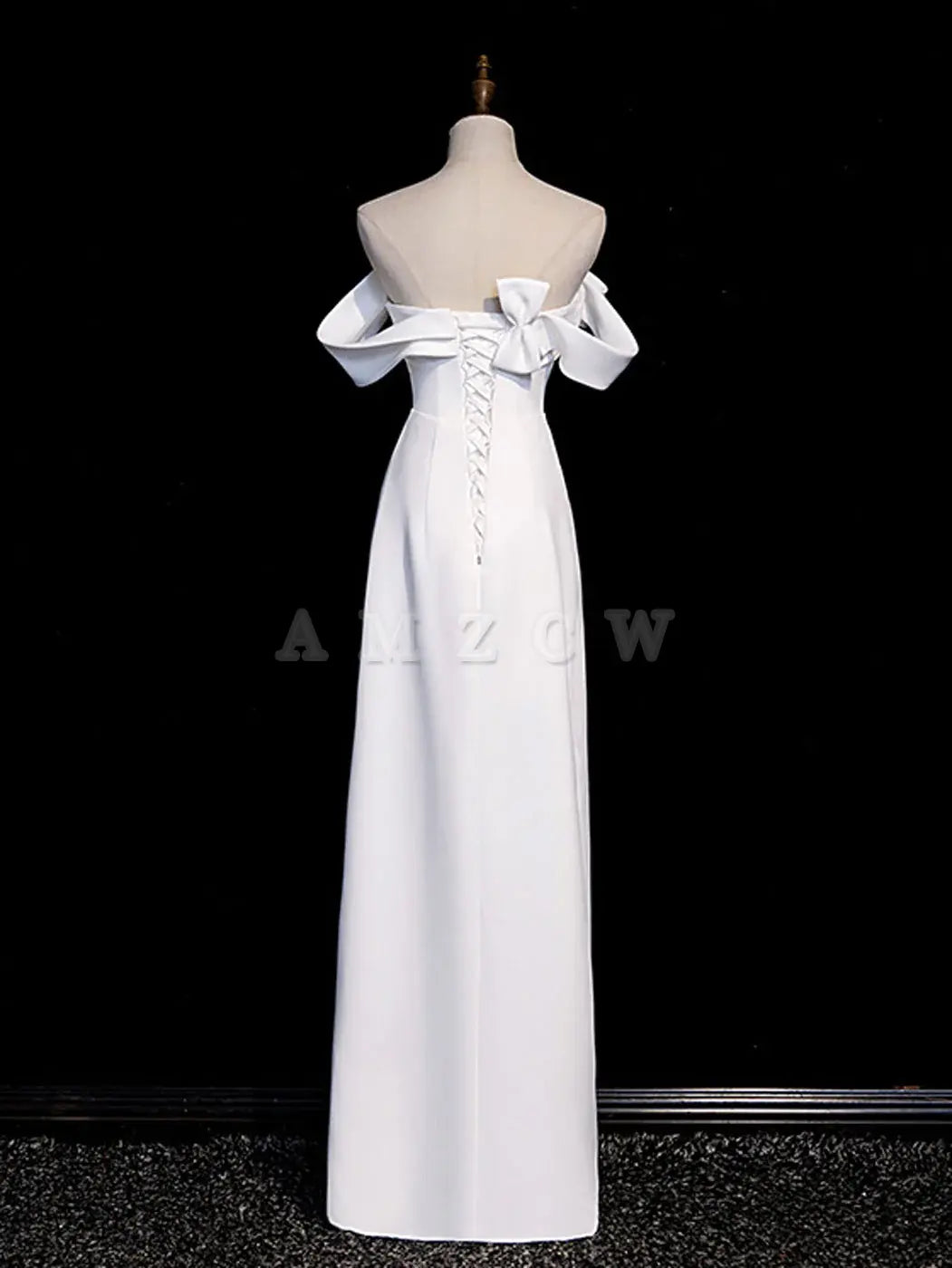 Amzcw White off shoulder satin long prom dress white long formal dress prom dress in store