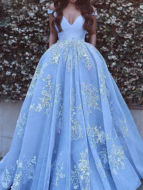 Women's Ball Gown Tulle Off-The-Shoulder Floor-Length Long Prom Dresses