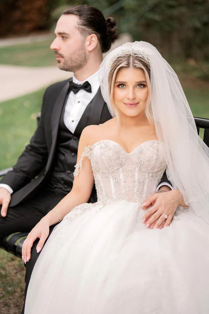 Wonderful Ball Gown Beaded Off the Shoulder Sweetheart Tulle White Wedding Dresses