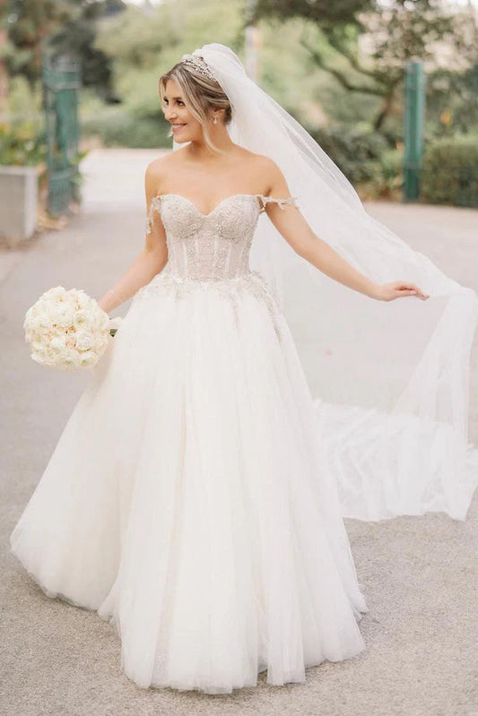 Wonderful Ball Gown Beaded Off the Shoulder Sweetheart Tulle White Wedding Dresses