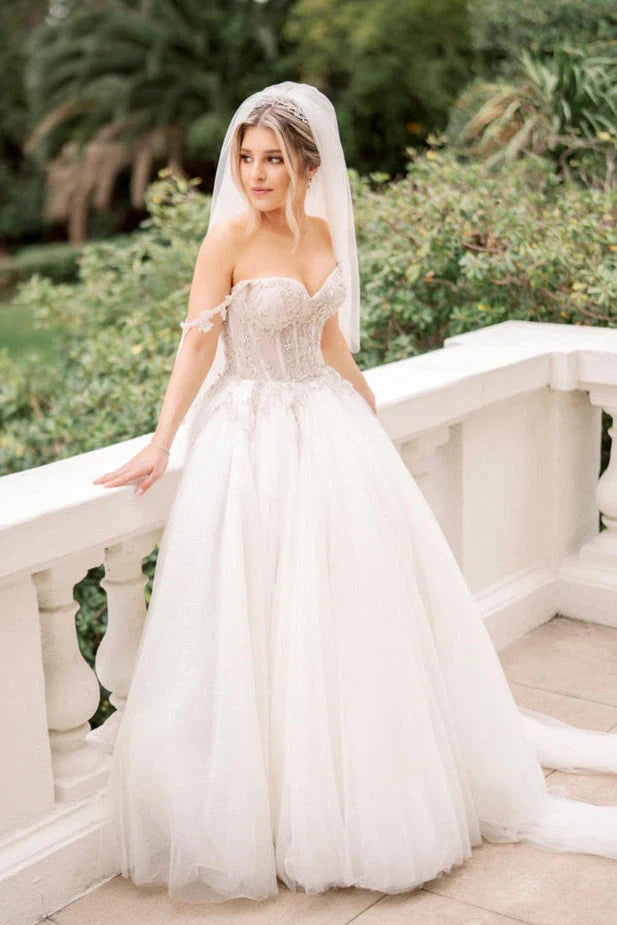 Wonderful Ball Gown Beaded Off the Shoulder Sweetheart Tulle White Wedding Dresses