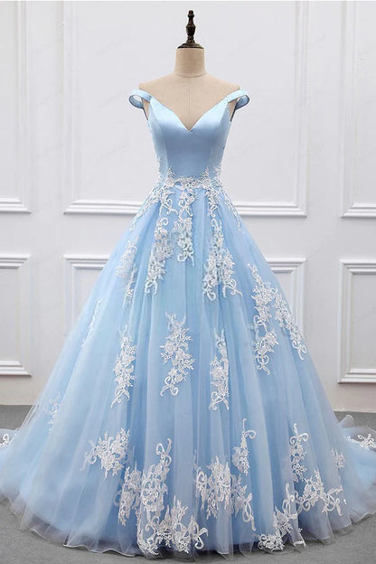 Wonderful Off-the-shoulder Ball Gown Formal Blue Lace Appliques Long Quinceanera Dresses