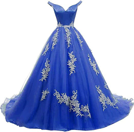 Wonderful Off-the-shoulder Ball Gown Formal Blue Lace Appliques Long Quinceanera Dresses