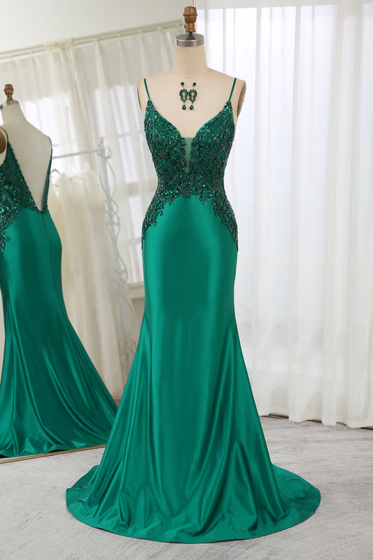 Amzcw Glitter Dark Green Mermaid Backless Prom Dress With Beaded Appliques prom dresses with long sleeves