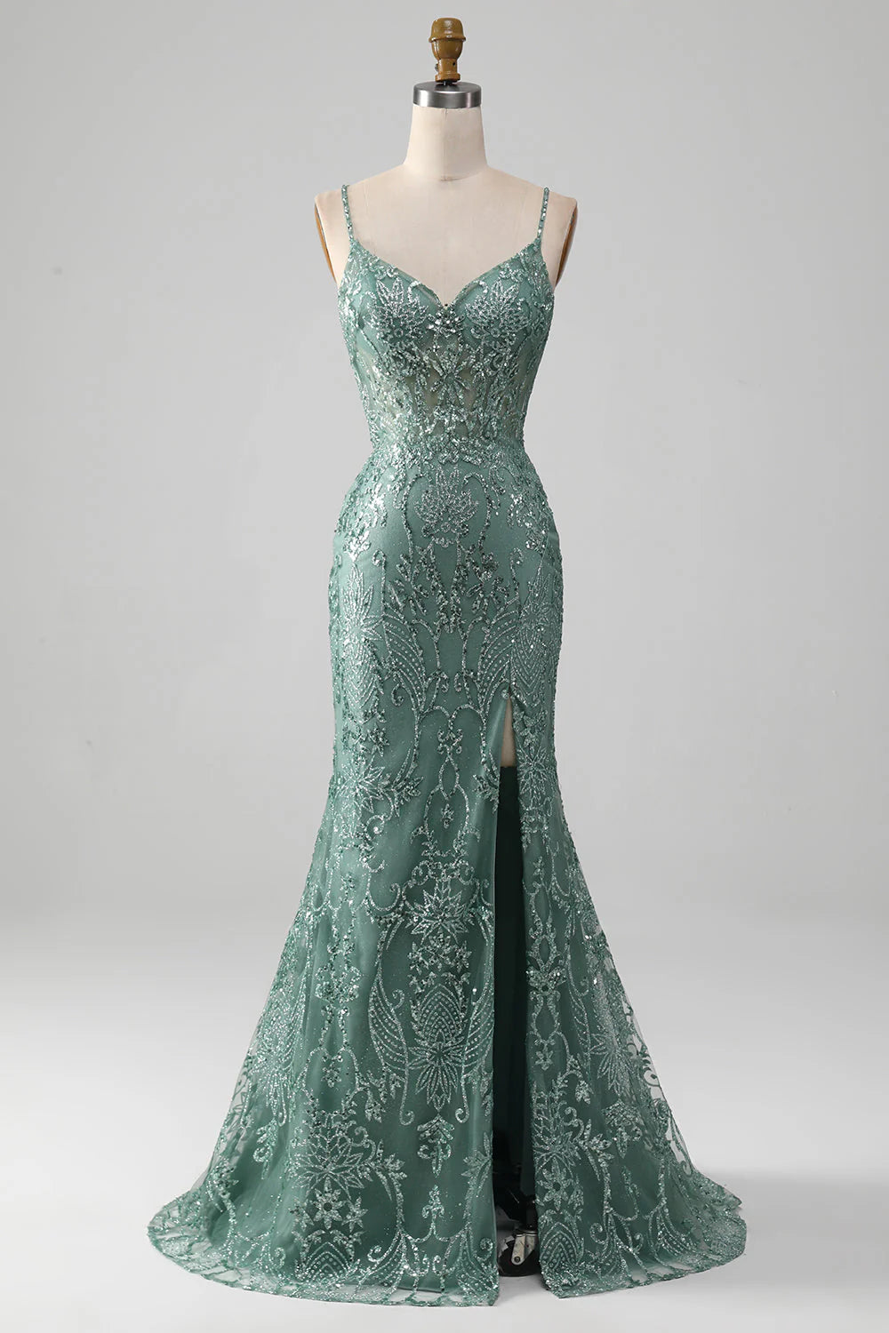 Amzcw Grey Green Sheath Spaghetti Staps Sparkly Beaded Prom Dress with Slit