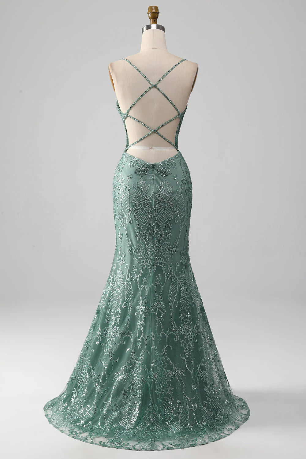 Amzcw Grey Green Sheath Spaghetti Staps Sparkly Beaded Prom Dress with Slit