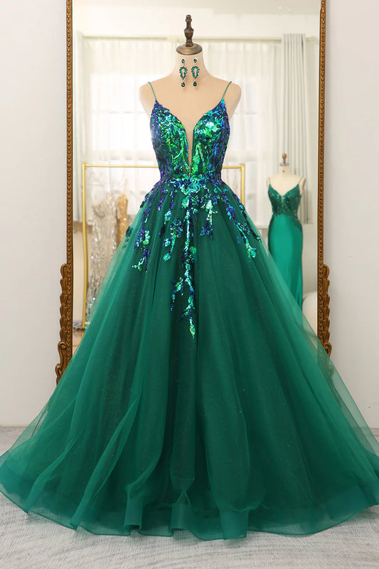 Amzcw Dark Green A Line Tulle Long Prom Dress With Sparkly Sequined Appliques