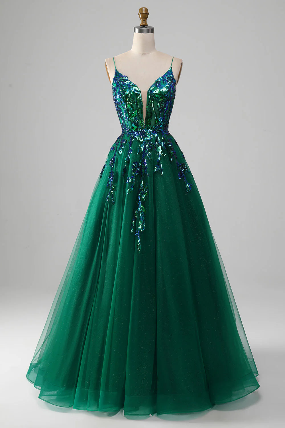 Amzcw Dark Green Ball-Gown Spaghetti Straps Tulle Prom Dress with Sequins prom dresses with long sleeves