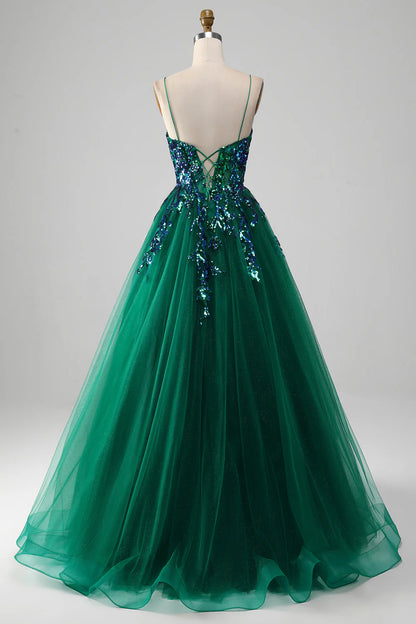 Amzcw Dark Green Ball-Gown Spaghetti Straps Tulle Prom Dress with Sequins prom dresses with long sleeves