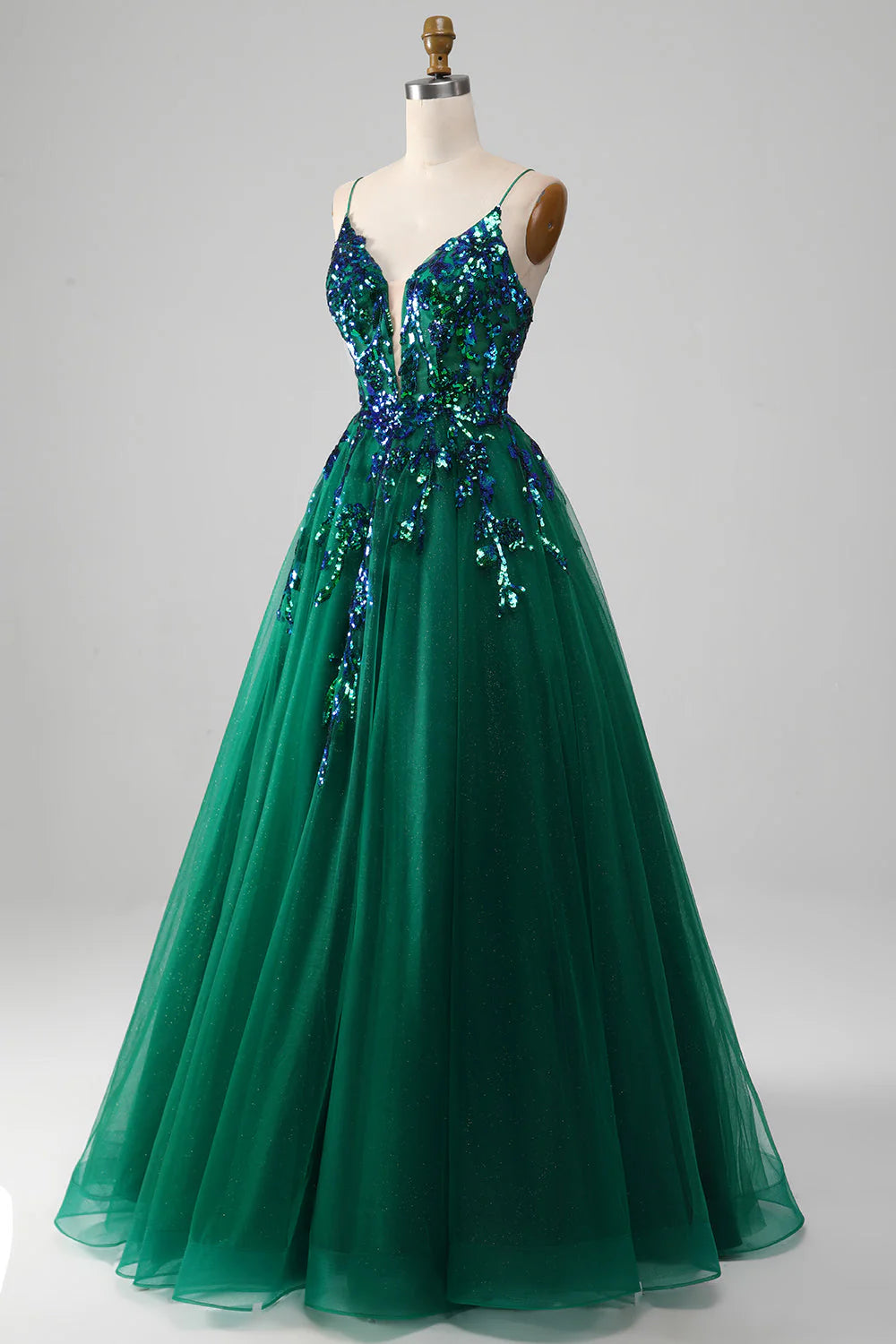 Amzcw Dark Green Ball-Gown Spaghetti Straps Tulle Prom Dress with Sequins prom dresses with long sleeves