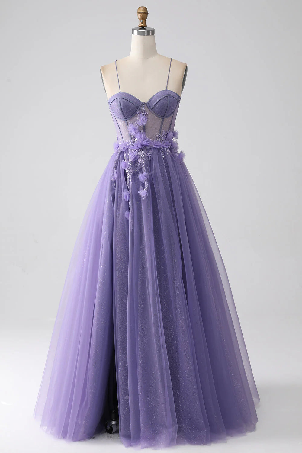 Amzcw A-Line Spaghetti Straps Corset Purple Prom Dress with 3D Flowers prom dresses shops