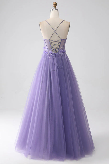 Amzcw A-Line Spaghetti Straps Corset Purple Prom Dress with 3D Flowers prom dresses shops