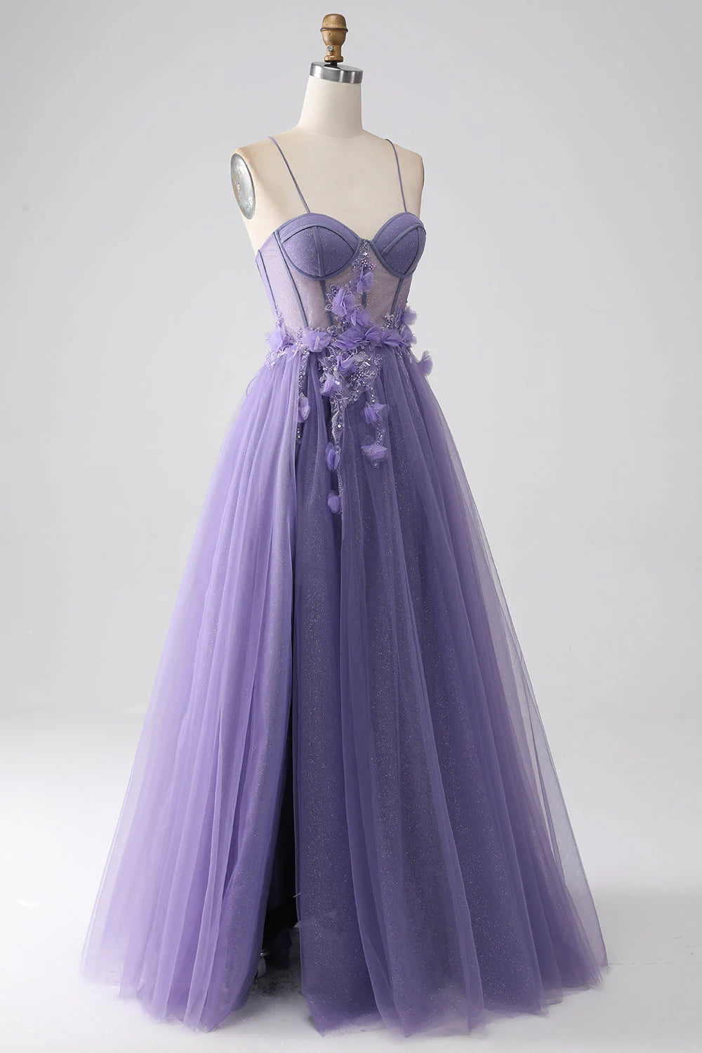 Amzcw A-Line Spaghetti Straps Corset Purple Prom Dress with 3D Flowers prom dresses shops