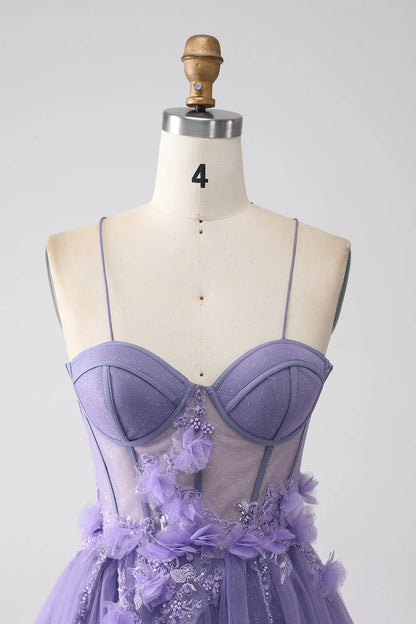 Amzcw A-Line Spaghetti Straps Corset Purple Prom Dress with 3D Flowers prom dresses shops