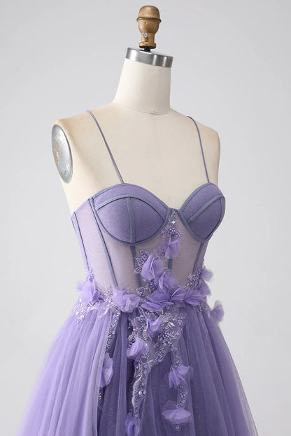 Amzcw A-Line Spaghetti Straps Corset Purple Prom Dress with 3D Flowers prom dresses shops