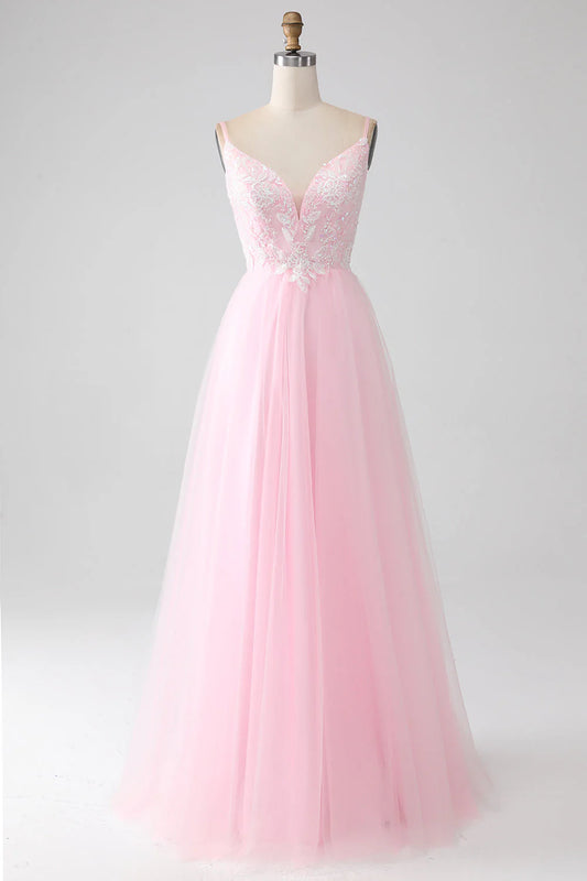 Amzcw Light Pink A-Line Spaghetti Straps Sequins Prom Dress with Beading prom dresses shops