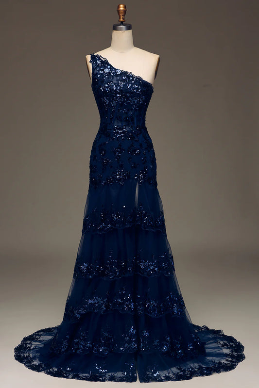 Amzcw Sparkly Dark Navy Tiered Lace One Shoulder Long Prom Dress with Slit