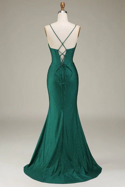 Amzcw Dark Green Mermaid Spaghetti Straps Satin Corset Prom Dress with Slit prom dresses with long sleeves