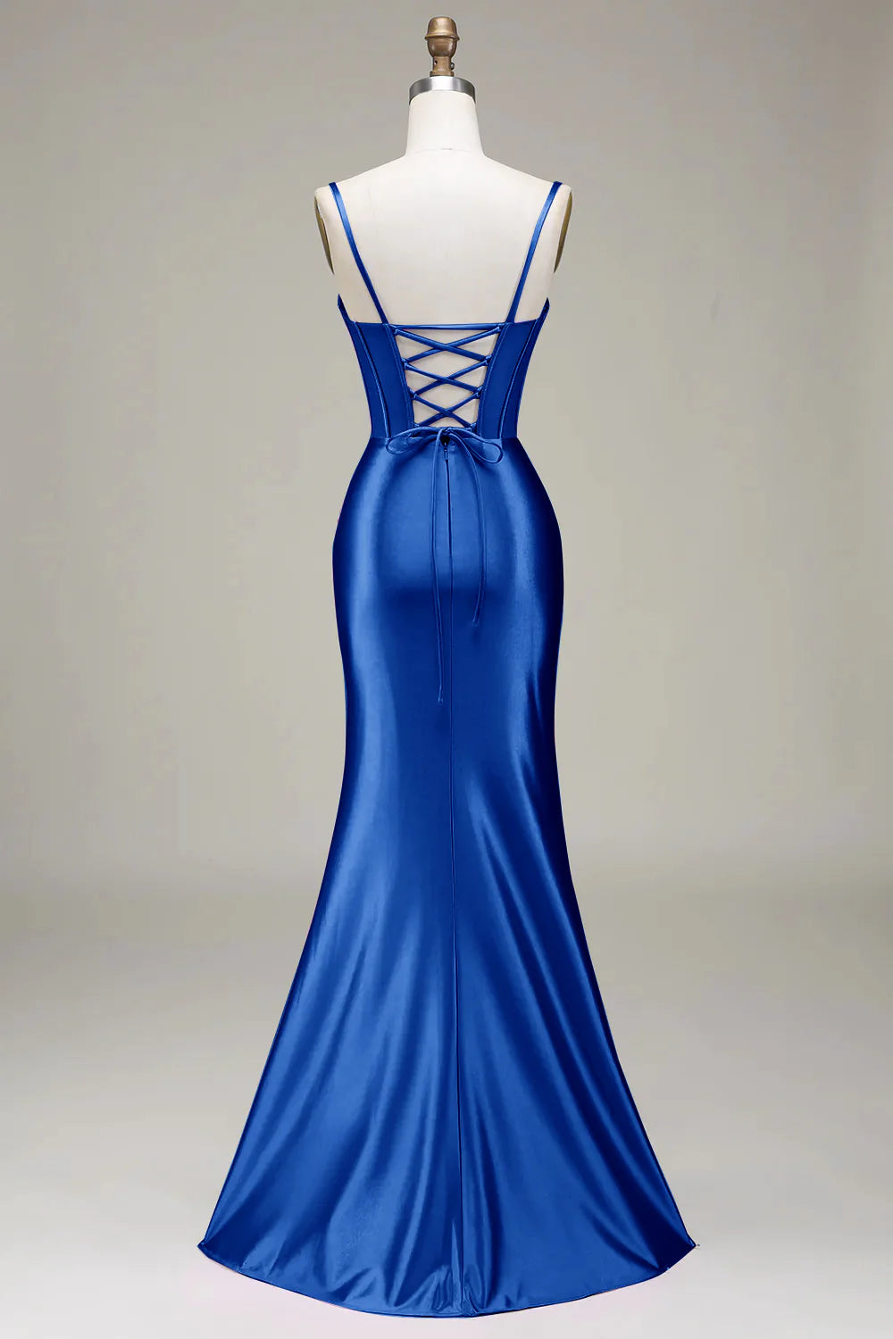 Amzcw Mermaid Spaghetti Straps Royal Blue Corset Prom Dress with Split Front