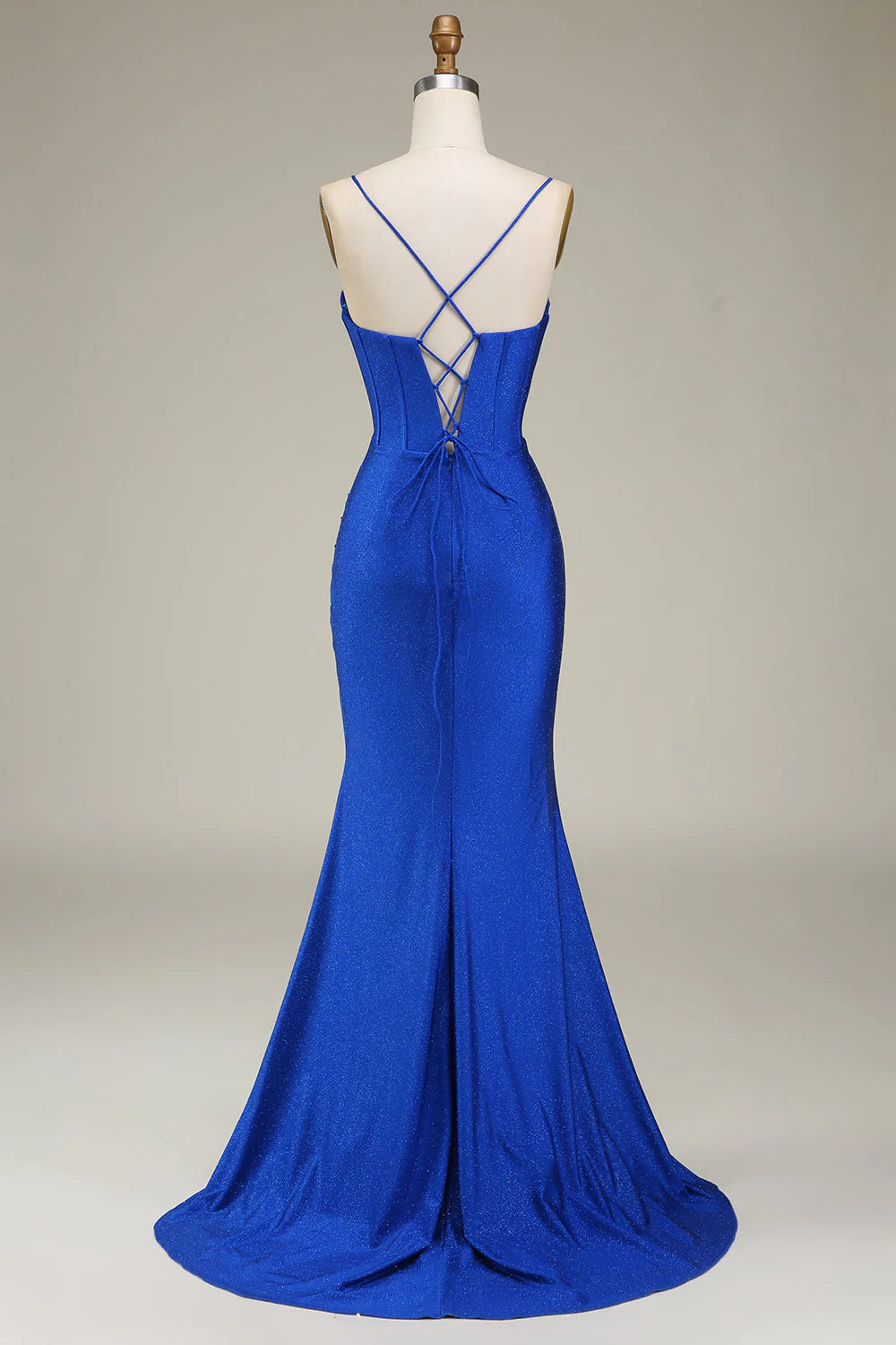 Amzcw Royal Blue Mermaid Spaghetti Straps Satin Corset Prom Dress with Slit prom dresses with long sleeves