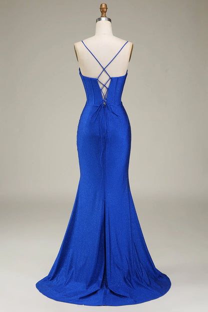 Amzcw Royal Blue Mermaid Spaghetti Straps Satin Corset Prom Dress with Slit prom dresses with long sleeves