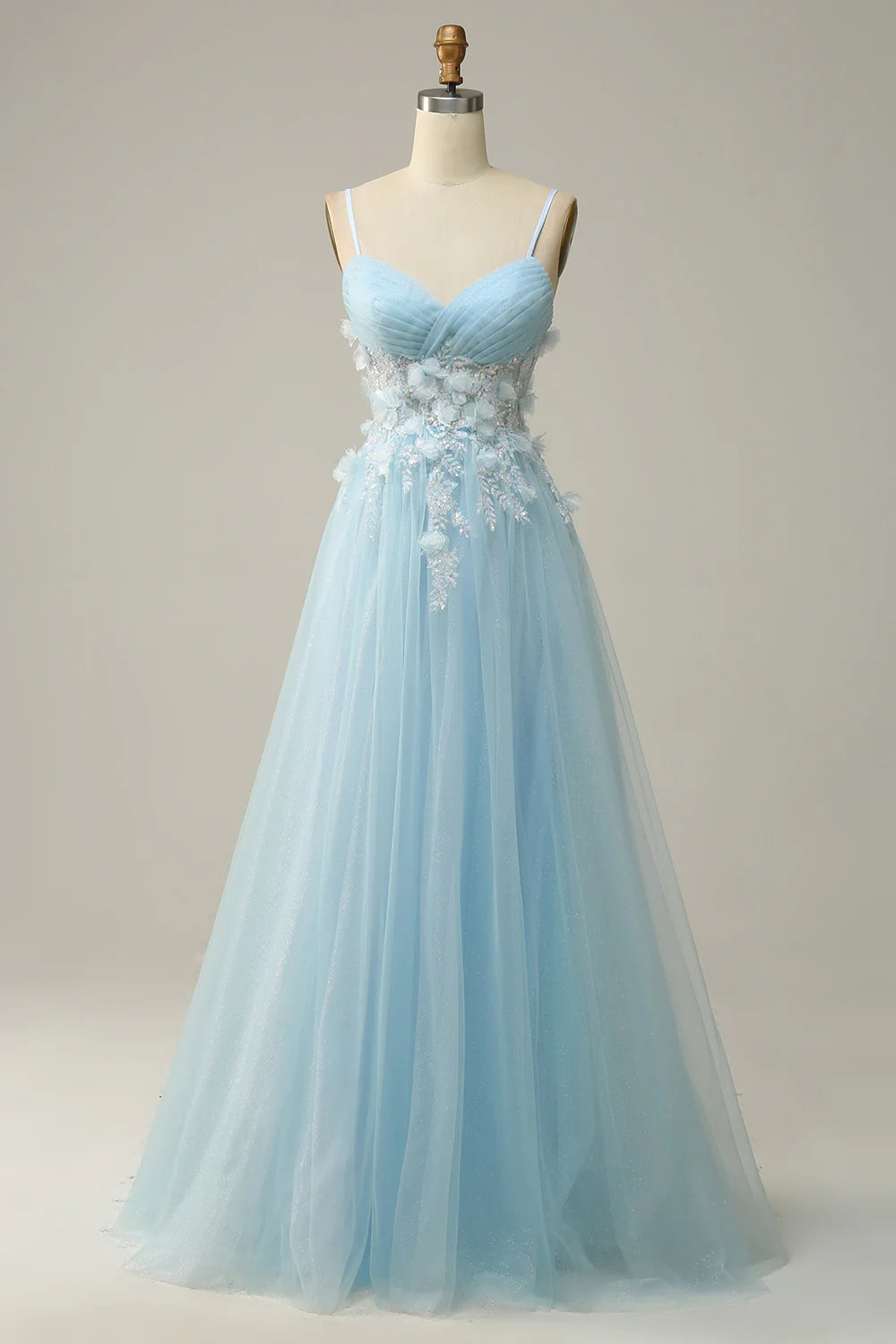 A Line Spaghetti Straps Sky Blue Prom Dress with Appliques