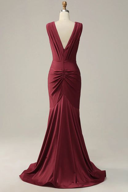 Mermaid Deep V Neck Burgundy Sleeveless Long Prom Dress