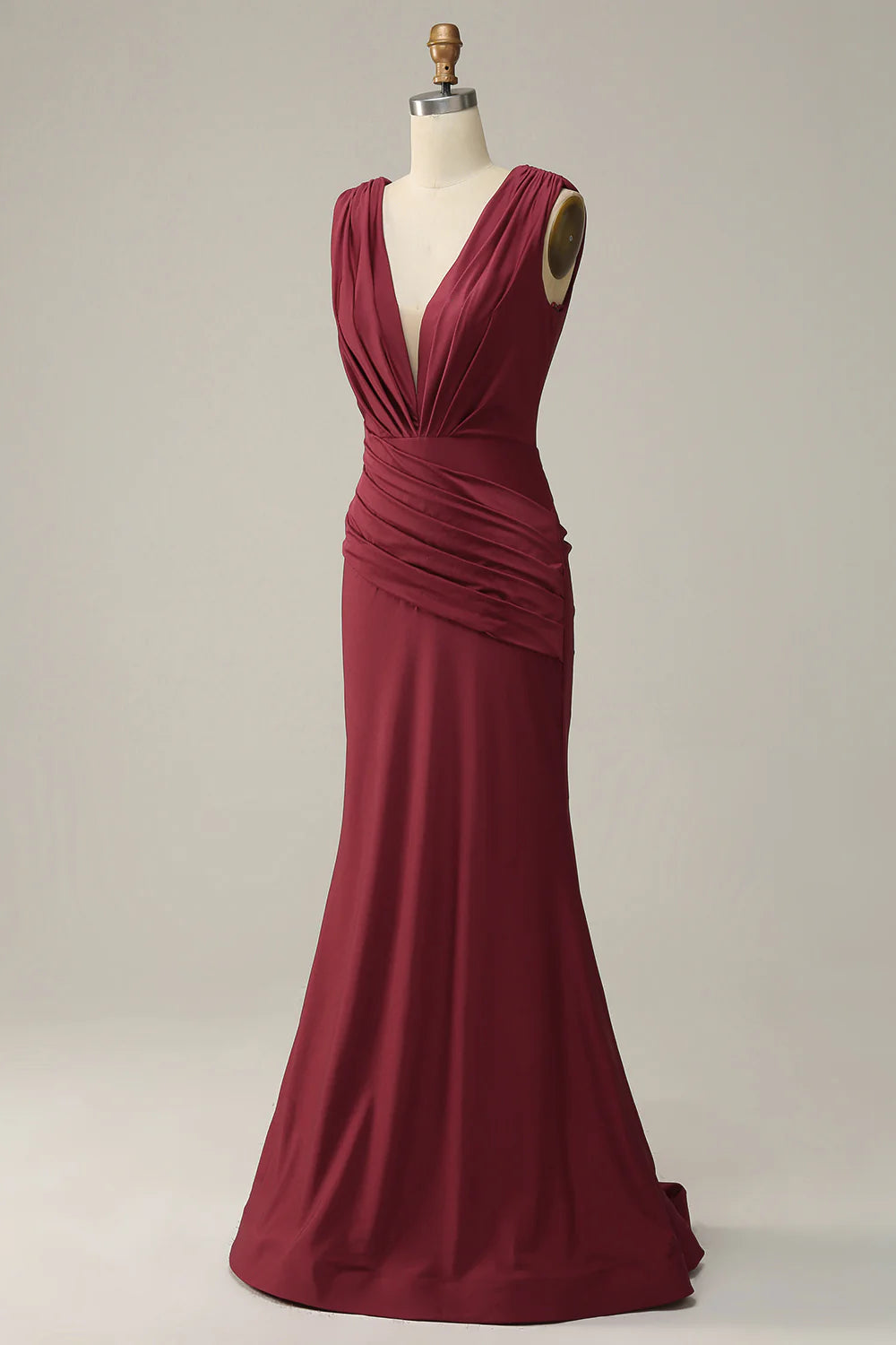 Mermaid Deep V Neck Burgundy Sleeveless Long Prom Dress