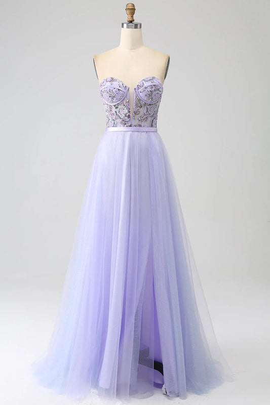 Amzcw Lilac A Line Tulle Sparkly Sequin Corset Prom Dress with Slit prom dresses shops