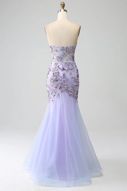 Amzcw Lilac Mermaid Strapless Corset Prom Dress with Beading