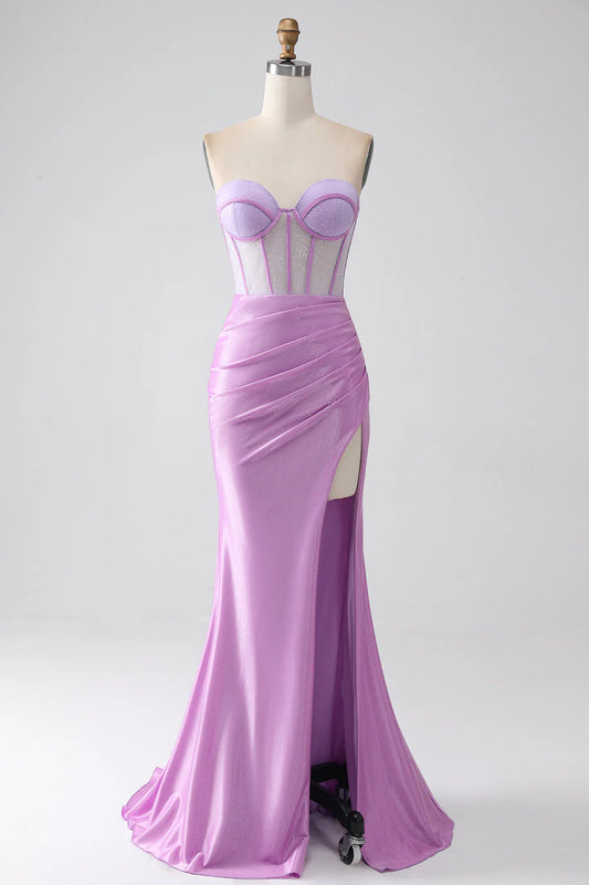 Amzcw Lilac Mermaid Sweetheart Strapless Pleated Corset Prom Dress with Slit prom dresses shops