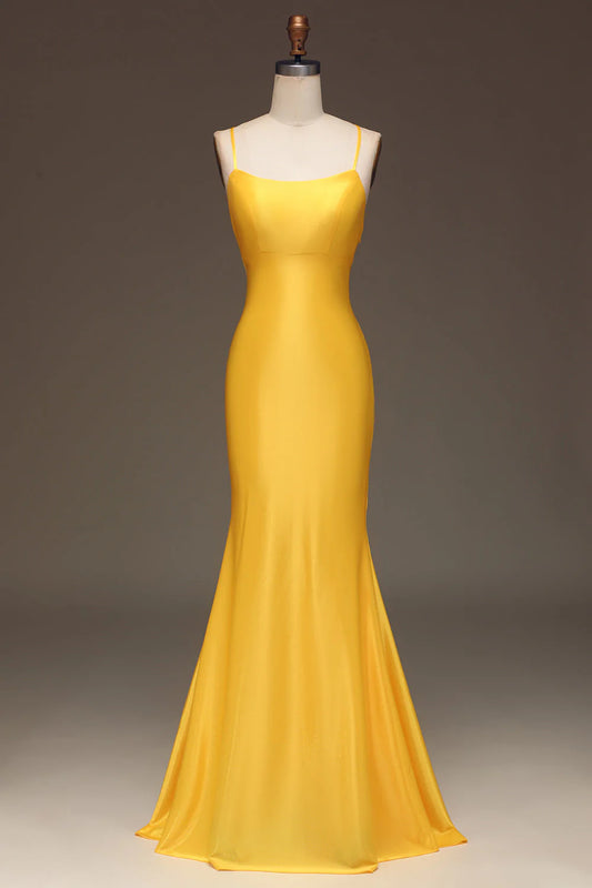 Amzcw Simple Yellow Mermaid Spaghetti Straps Satin Long Prom Dress prom dresses with long sleeves