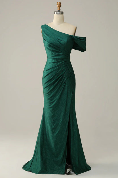 Mermaid One Shoulder Dark Green Long Prom Dress