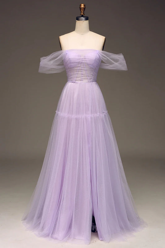 Amzcw Lilac Off the Shoulder A Line Tulle Princess Prom Dress With Slit