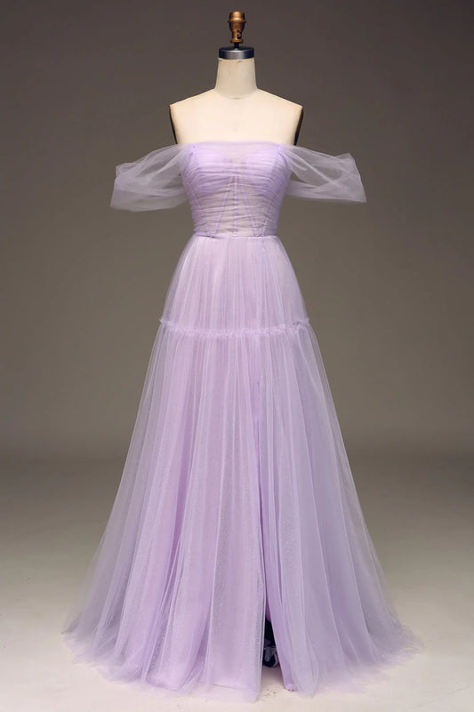 Amzcw Princess Lilac Off the Shoulder A Line Tulle Prom Dress With Slit prom dresses with long sleeves