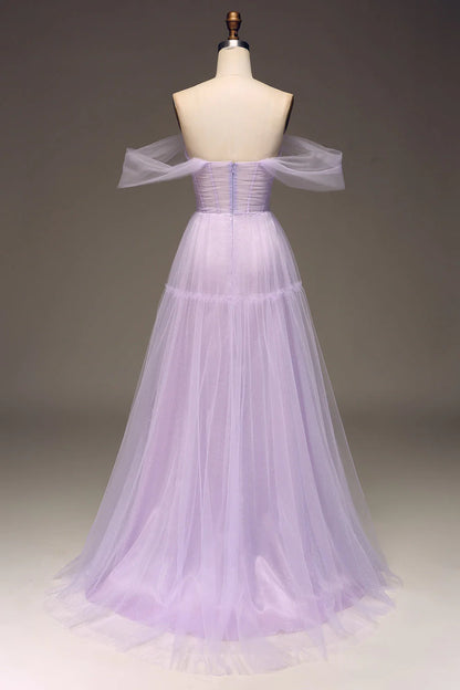 Amzcw Princess Lilac Off the Shoulder A Line Tulle Prom Dress With Slit prom dresses with long sleeves