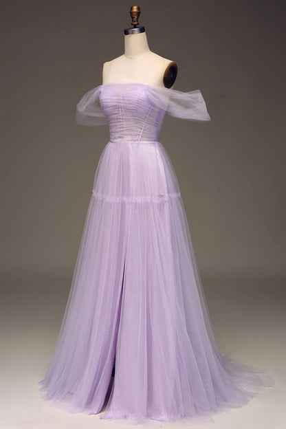 Amzcw Princess Lilac Off the Shoulder A Line Tulle Prom Dress With Slit prom dresses with long sleeves