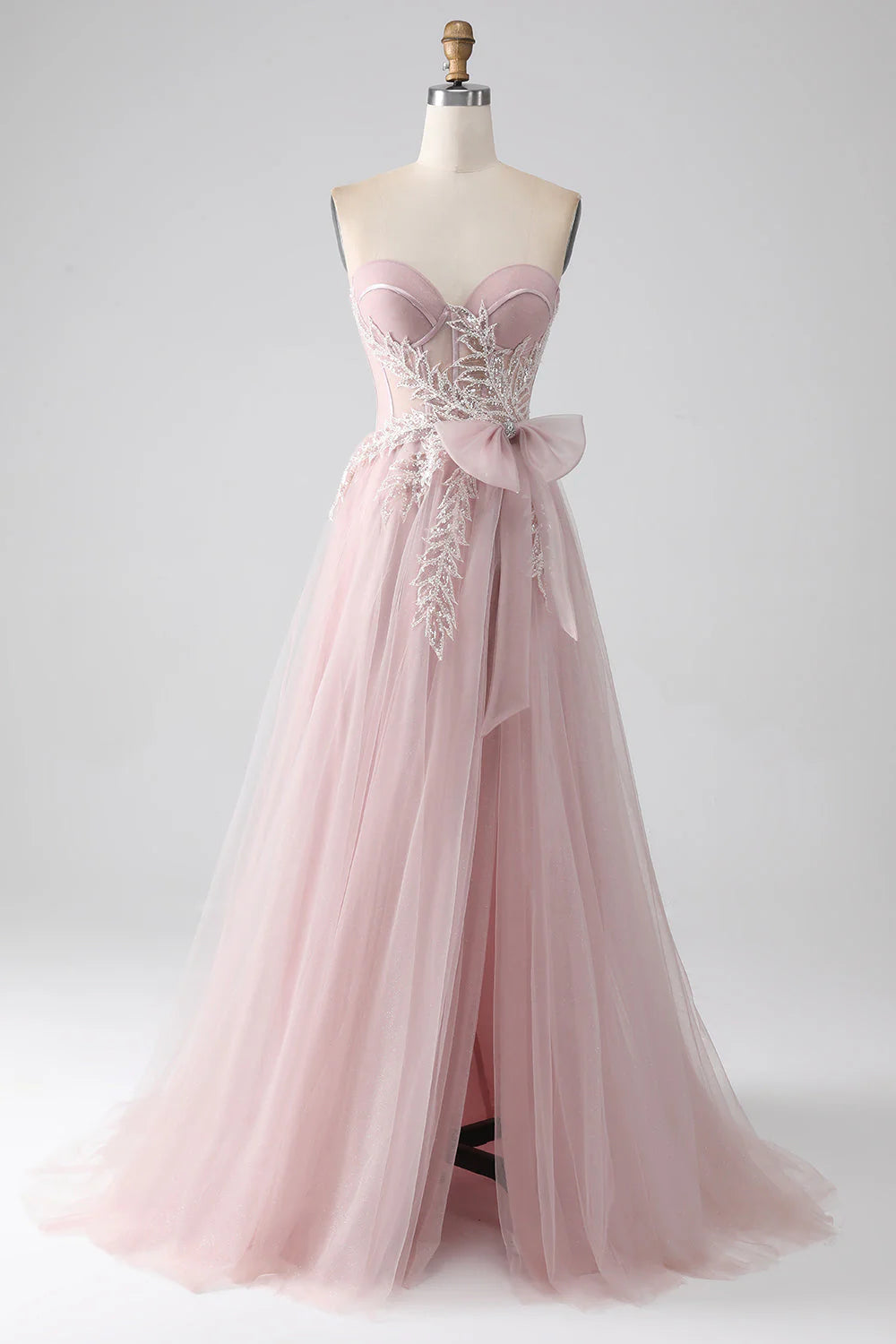 Amzcw Sparkly Blush A-Line Sweetheart Strapless Bow Tulle Prom Dress with Slit prom dresses shops