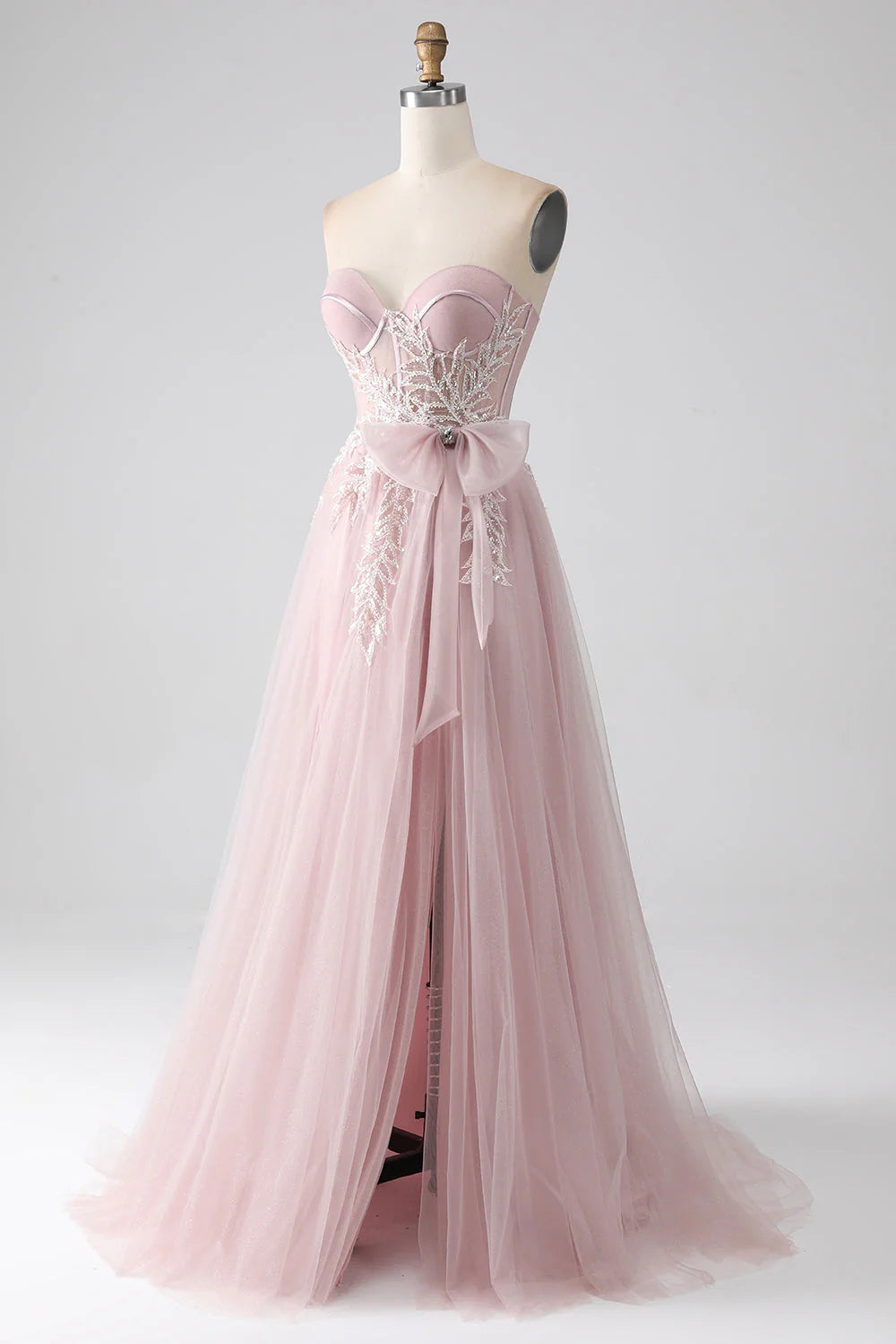 Amzcw Sparkly Blush A-Line Sweetheart Strapless Bow Tulle Prom Dress with Slit prom dresses shops