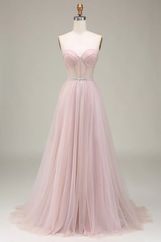 Amzcw Light Pink A-Line Sweetheart Tulle Corset Long Prom Dress prom clothing