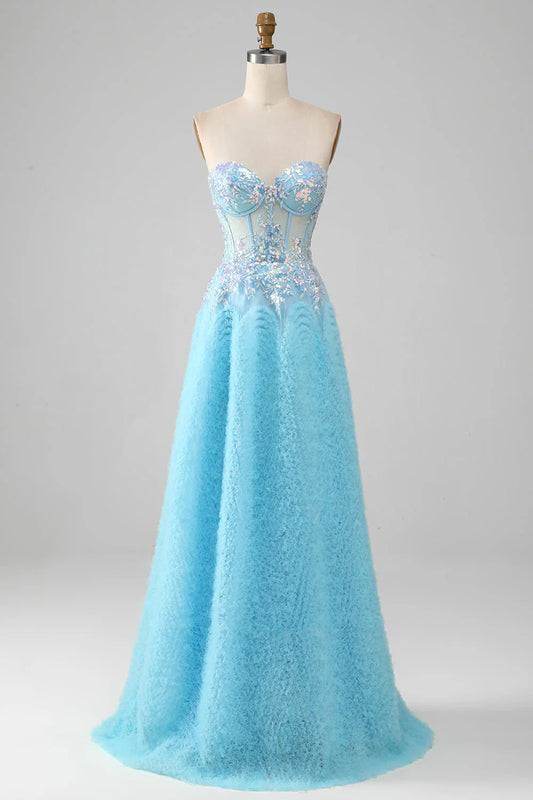 Amzcw Sky Blue A-Line Sweetheart Sparkly Sequin Corset Prom Dress with Appliques prom clothing