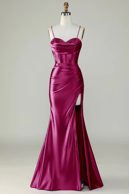 Amzcw Burgundy Mermaid Spaghetti Straps Long Prom Dress With Slit prom dresses shops