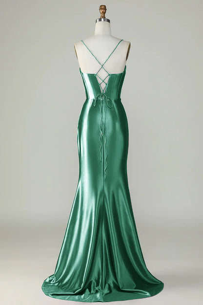 Amzcw Dark Green Mermaid Spaghetti Straps Long Prom Dress With Slit