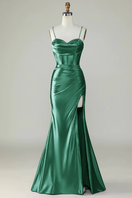 Amzcw Dark Green Mermaid Spaghetti Straps Long Prom Dress With Slit