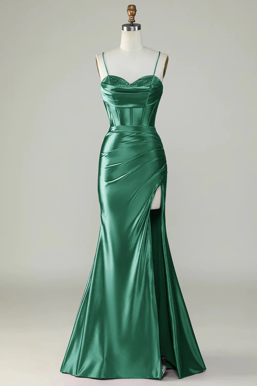 Amzcw Dark Green Mermaid Spaghetti Straps Long Prom Dress With Slit prom dresses shops