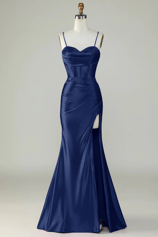 Amzcw Navy Mermaid Spaghetti Straps Long Prom Dress With Slit prom dresses shops