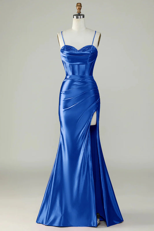 Amzcw Royal Blue Mermaid Spaghetti Straps Long Prom Dress With Slit prom dresses shops