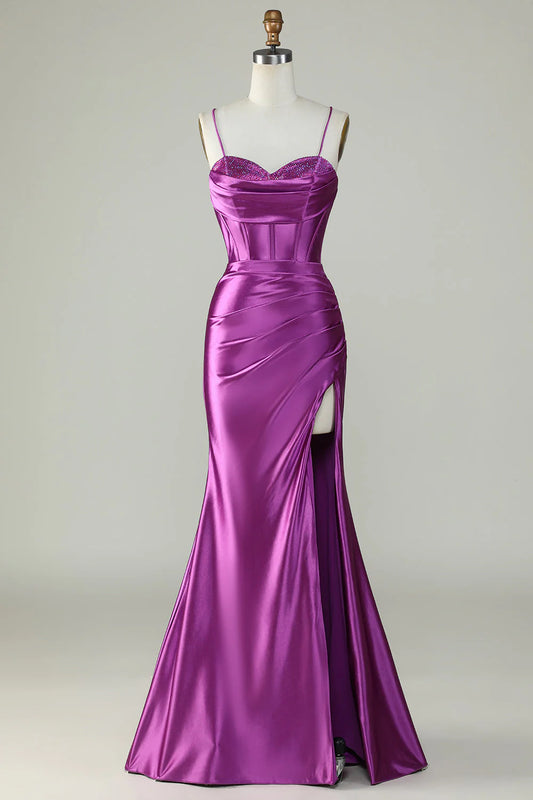 Amzcw Dark Purple Mermaid Spaghetti Straps Long Prom Dress With Slit