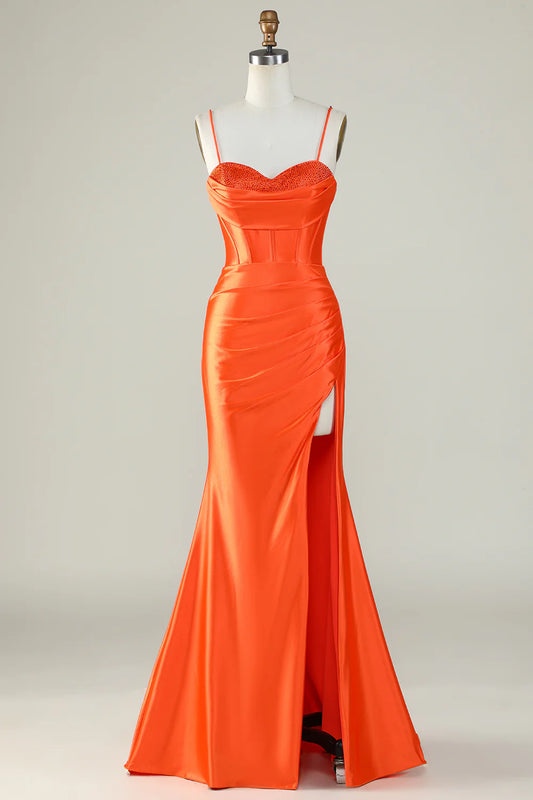 Amzcw Orange Spaghetti Straps Mermaid Long Prom Dress With Slit