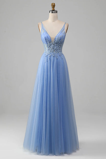 Amzcw Light Blue A-Line V Neck Tulle Long Prom Dress With Appliques prom dresses with long sleeves